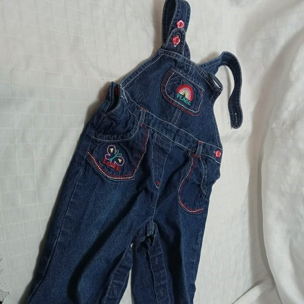 Denim overalls with embroidery and PEACE and LOVE, six months, 2005, George